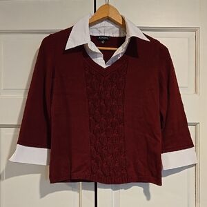 Notations Burgundy V-Neck Sweater with White Shirt Detail